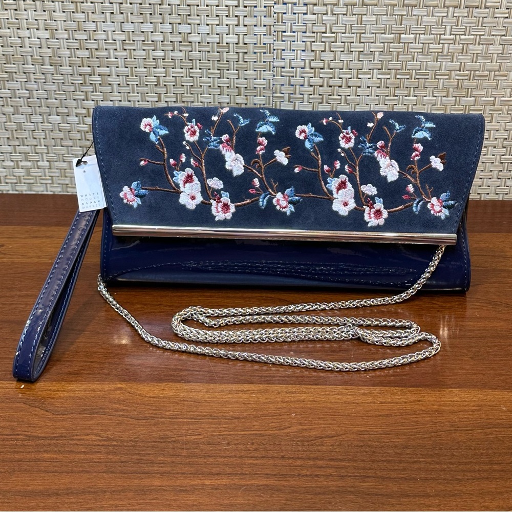 🌟HP🌟Navy Blue 3-Way Suede & Faux Patent  Cherry Blossom Embroidered Floral Bag